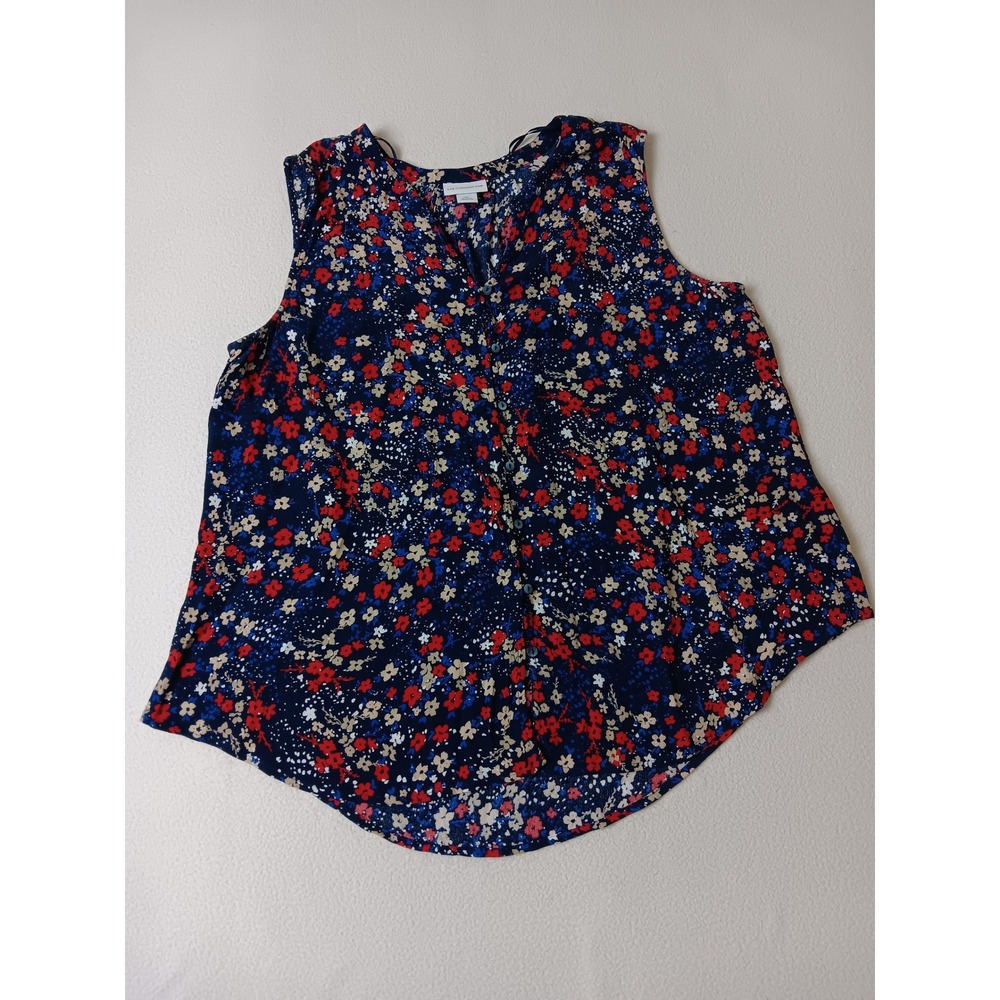 Liz Claiborne Womens XL Navy Blue Floral Button Front Sleeveless Blouse Rayon